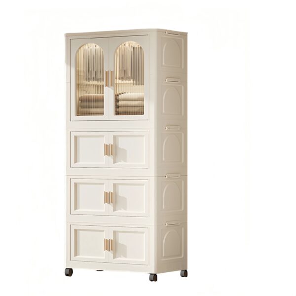Folding Wardrobe Cabinet Wide White Plastic With Magnetic Doors, Wheels, And 10 Hangers - Cream White