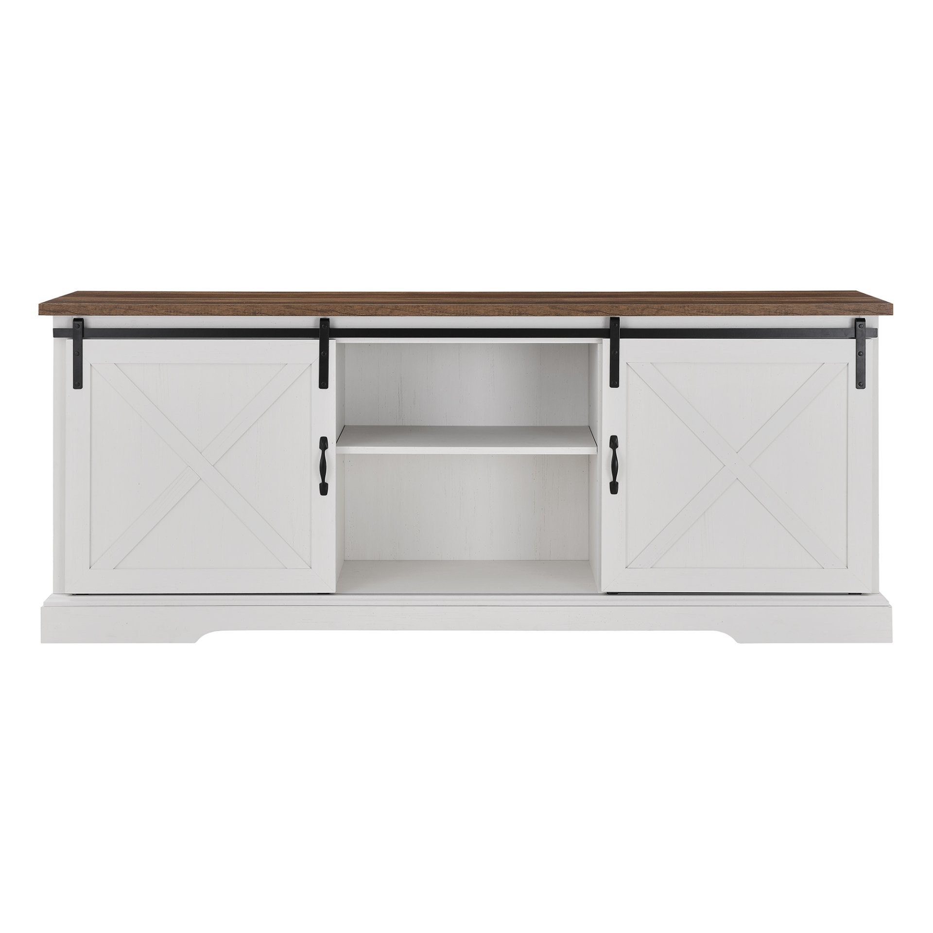 Farmhouse Sliding X Barn Door 70" TV Stand For 80" TVs - Rustic Oak / Brushed White - Image 4