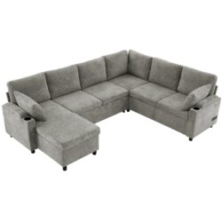 Sectional Sofa Versatile Sofa Bed Sofa Sleeper U - Shaped Sofa With Ample Storage Space, 2 Cup Holders And Charging Ports For Living Room - Light Gray