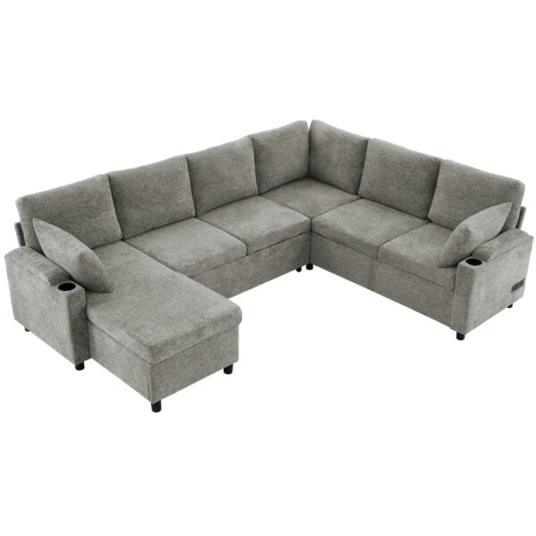 Sectional Sofa Versatile Sofa Bed Sofa Sleeper U - Shaped Sofa With Ample Storage Space, 2 Cup Holders And Charging Ports For Living Room - Light Gray