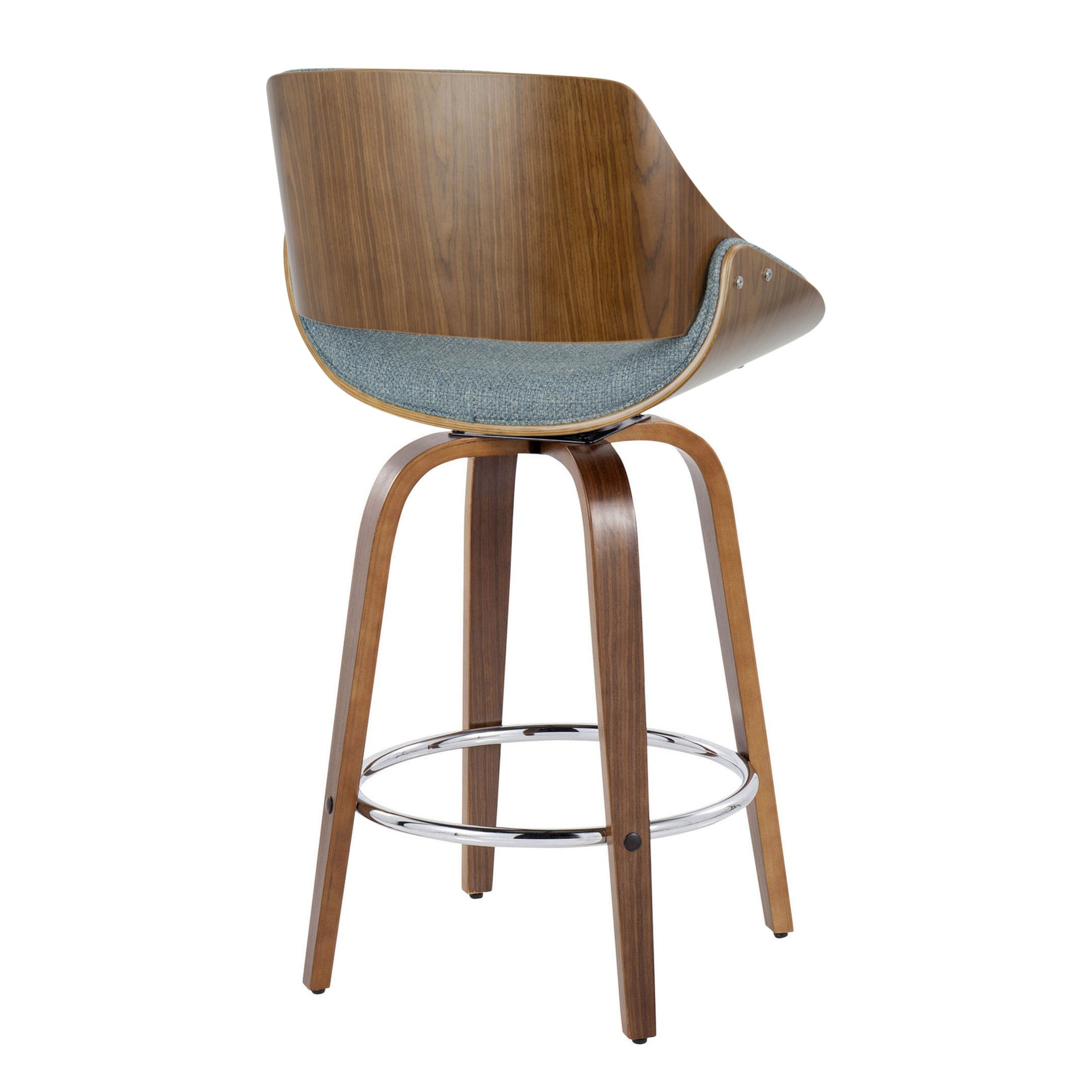 Fabrizzi - Mid-Century Modern Fixed Height Counter Stool With Swivel With Round Footrest (Set of 2) - Walnut / Blue - Image 4