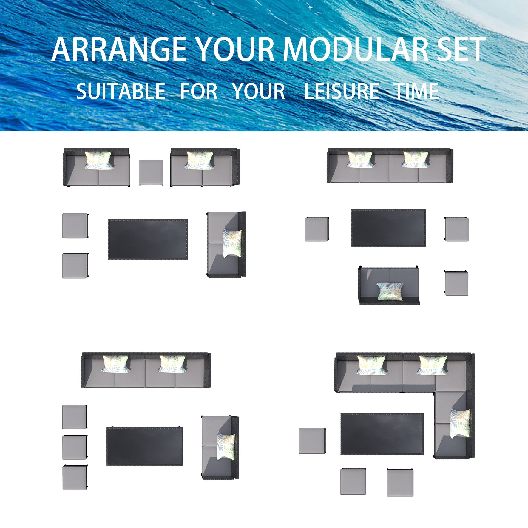 Modern Small Space Patio Furniture 7 Piece Outdoor Set With Waterproof Cushions - Blue / Gray - Image 7