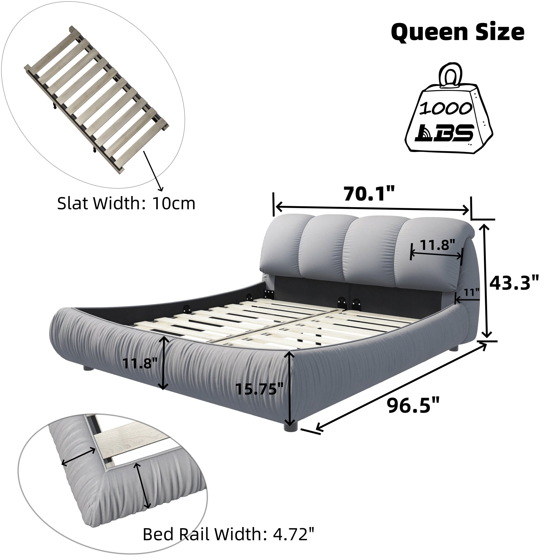 Queen Size Luxury Upholstered Platform Bed With Oversized Padded Backrest And Solid Wood Frame, Suitable For Multiple Heights Of Mattresses - Gray - Image 3