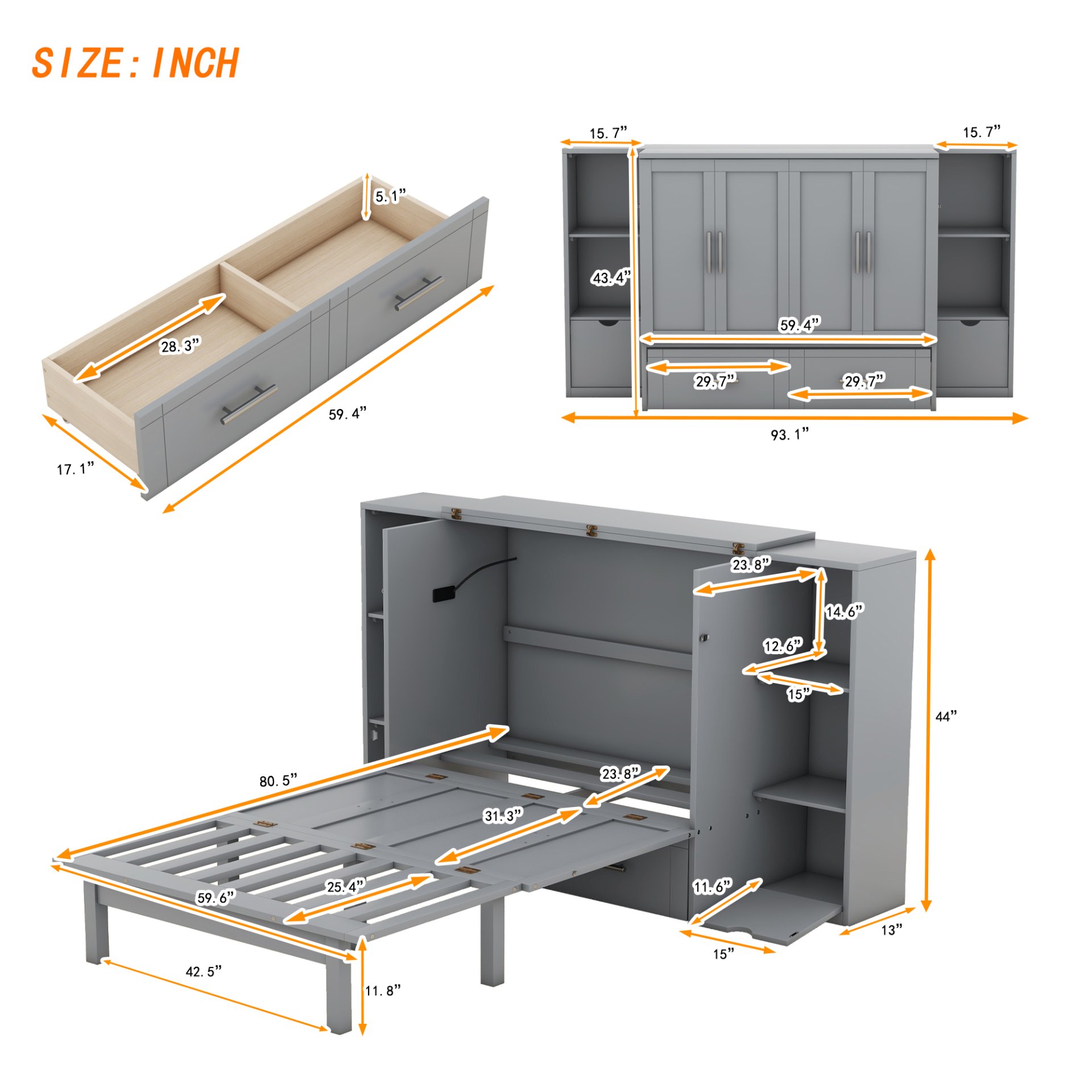 Queen Size Murphy Bed With Shelves, Drawers And USB Ports - Gray - Image 10