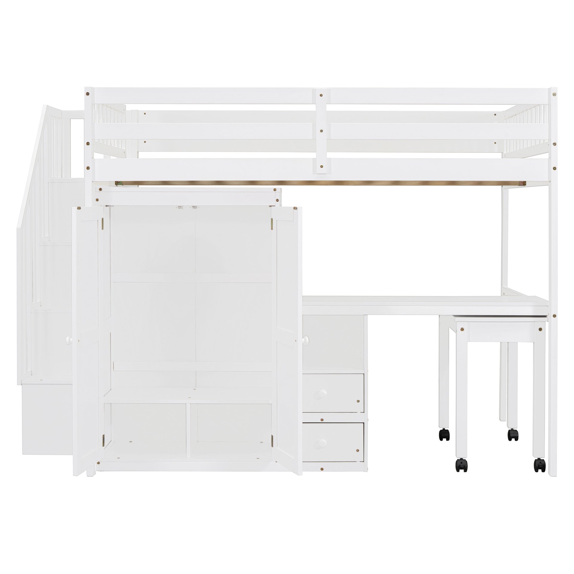 Full Size Loft Bed With Stairs, Bookshelf, Drawers, Desk & Wardrobe, Space Saving Multifunctional Furniture - White - Image 6