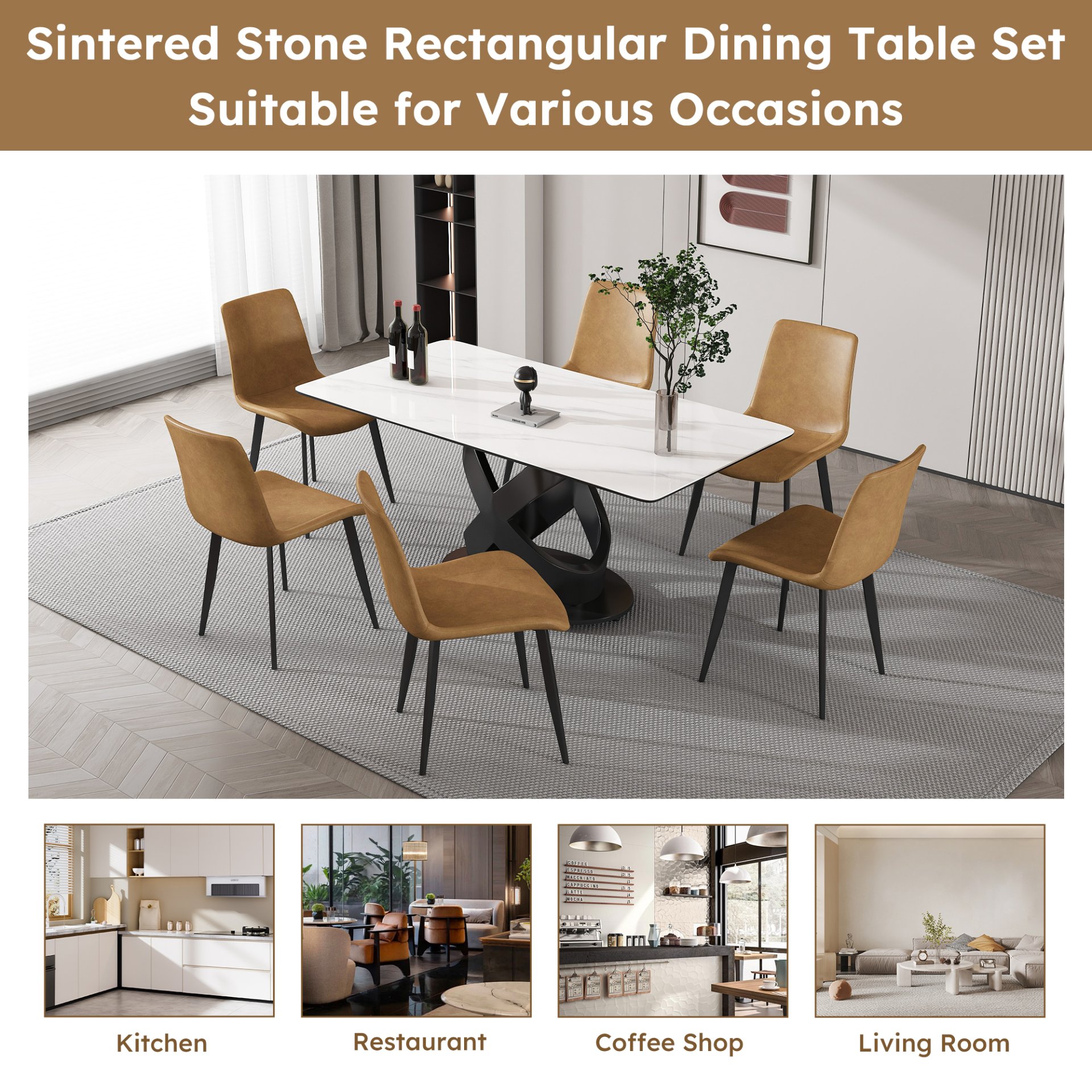 Rectangular Dining Table, For Dinner Party, 4 Chairs - Black / White - Image 14