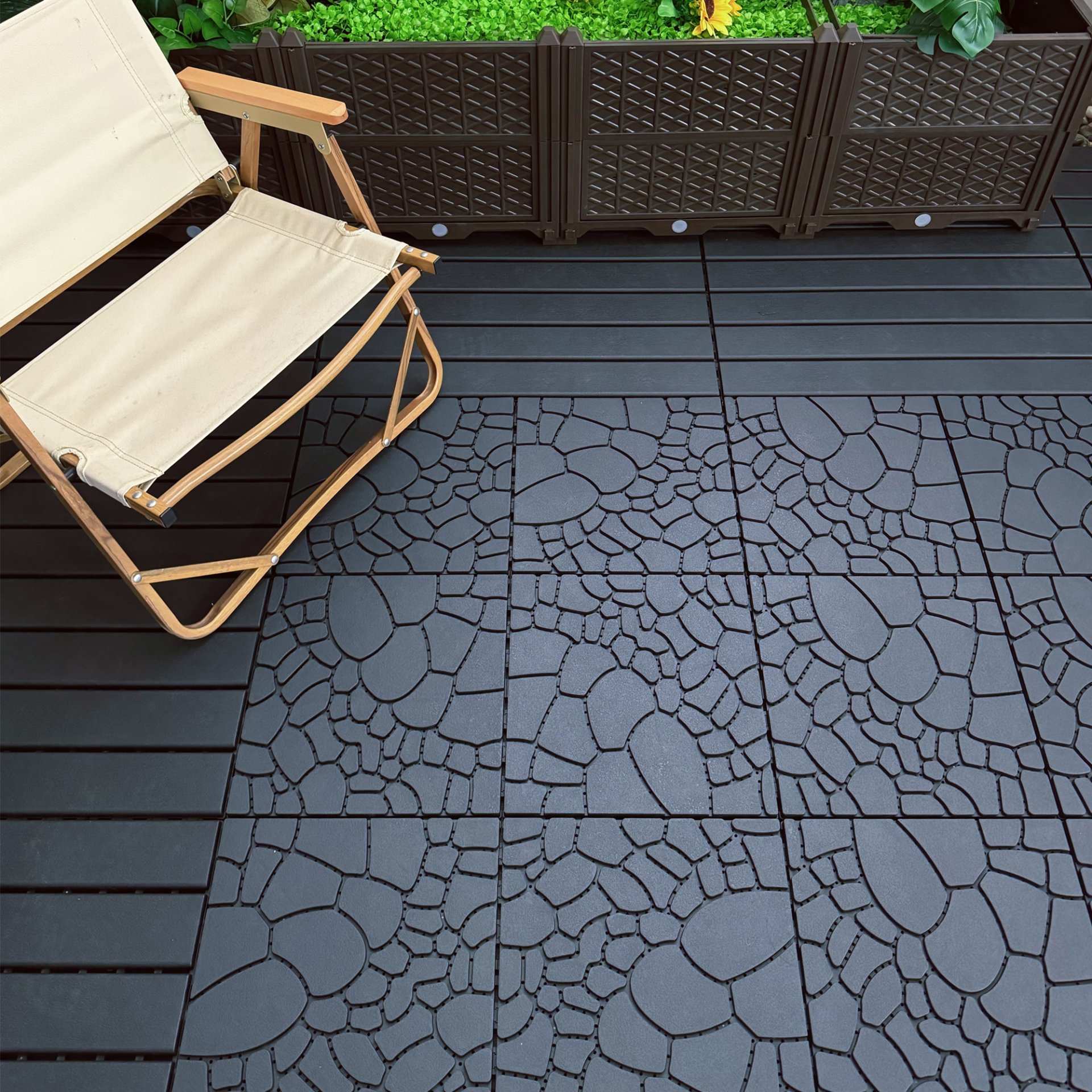 Stone Texture 12" Patio Deck Tiles, Diy - Module Interlocking Decking Floor Tiles, Polypropylene, 12" - Dark Gray - Image 5