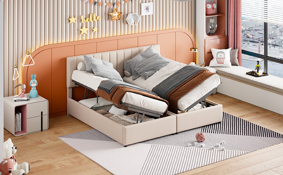 King Size Upholstered Platform Bed With A Hydraulic Storage System - Beige - Image 16