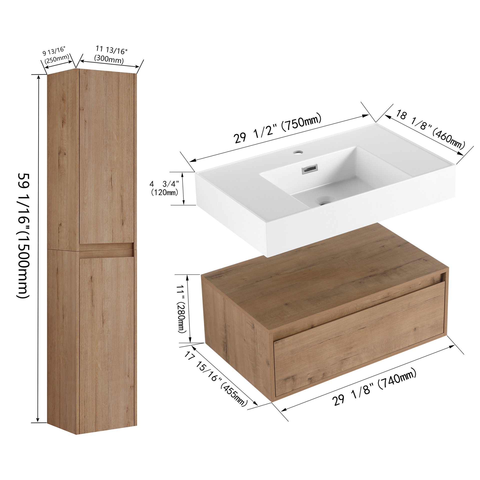 Modern Wall Mounted 30 Inch Bathroom Vanity With Resin Sink And 2 Side Cabinet In Imitative - Imitative Oak - Image 3