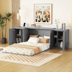 Full Size Murphy Bed With Shelves, Cabinets And USB Ports - Gray