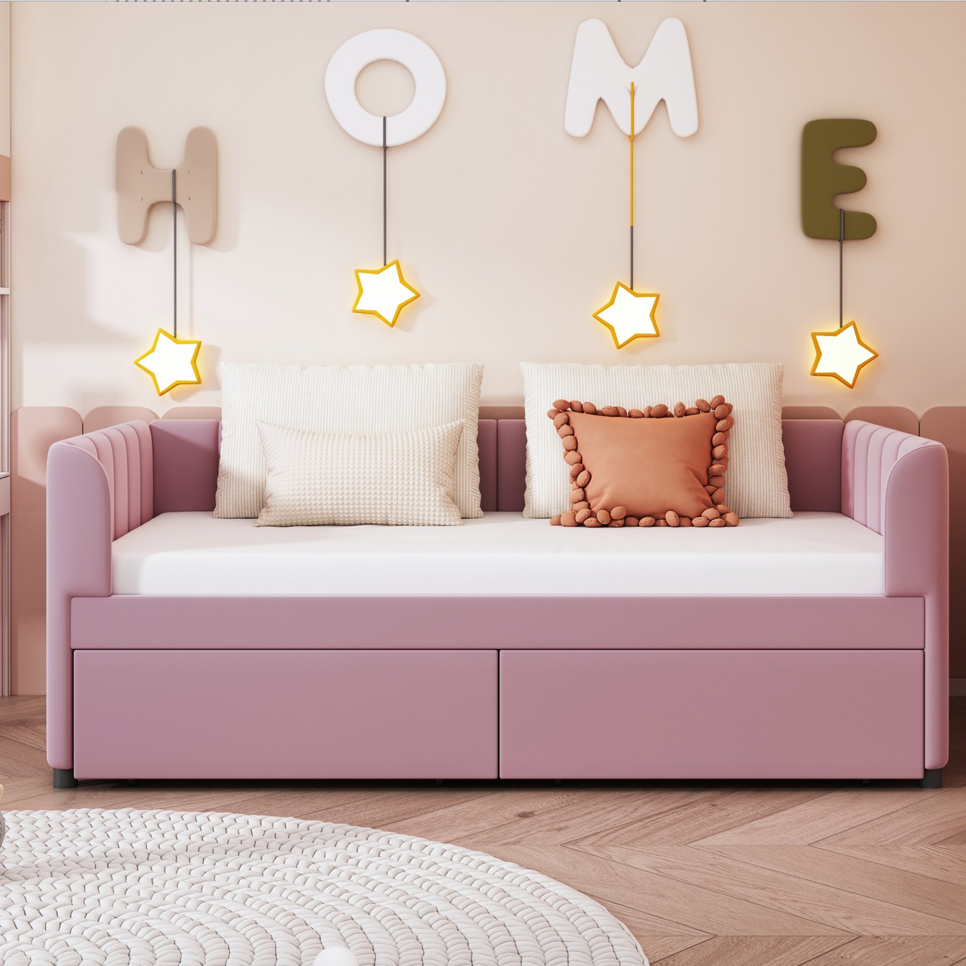 Twin Size Upholstered Daybed With Ergonomic Design Backrest And 2 Drawers - Pink - Image 2