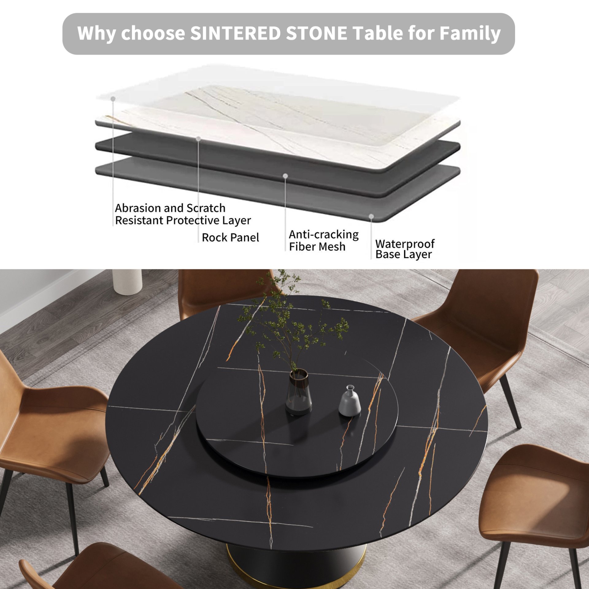 Modern Artificial Stone Round Carbon Steel Base Dining Table, Can Accommodate 6 People Artificial Stone Turntable - Black - Image 8