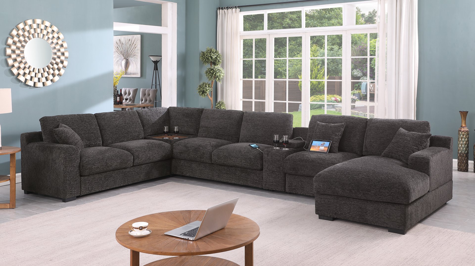 Celine - Chenille Fabric Corner Sectional Sofa With Right Facing Chaise, Cupholders, And Charging Ports - Gray - Image 7