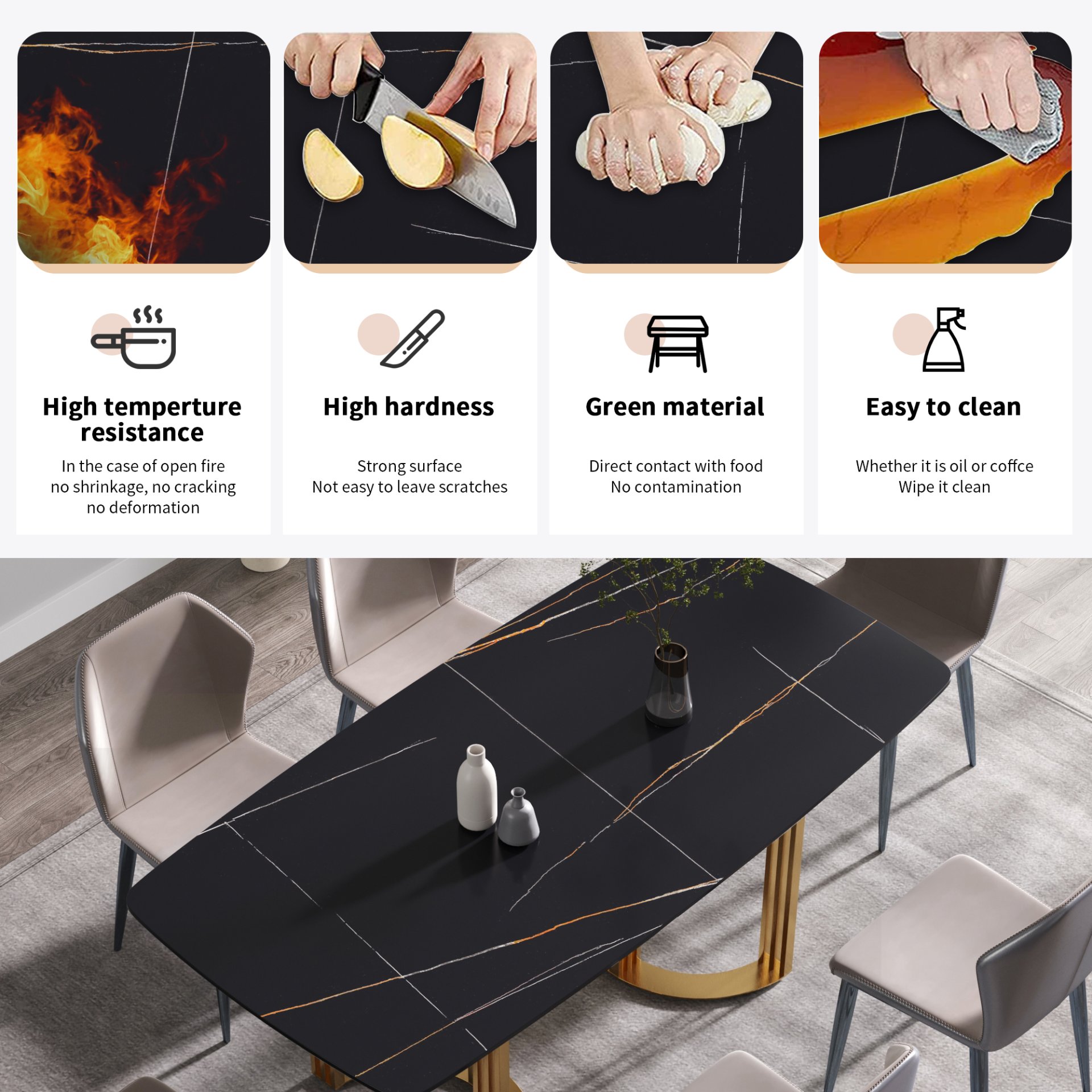 70.87" Modern Artificial Stone Black Curved Metal Leg Dining Table, Can Accommodate 6-8 People - Black / Gold - Image 11