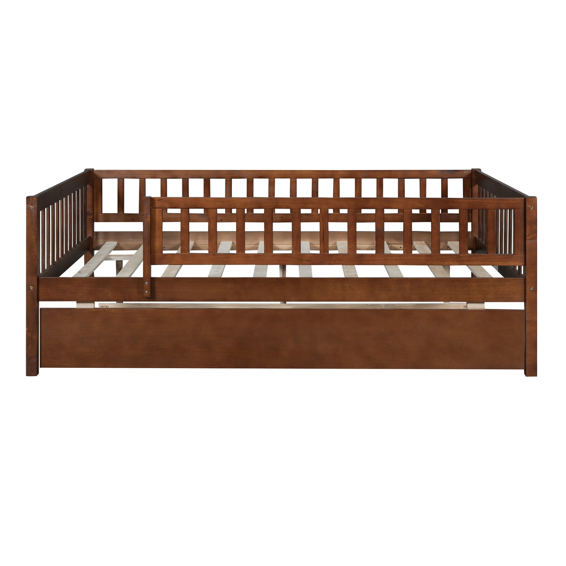 Full Size Daybed With Trundle And Fence Guardrails - Walnut - Image 6