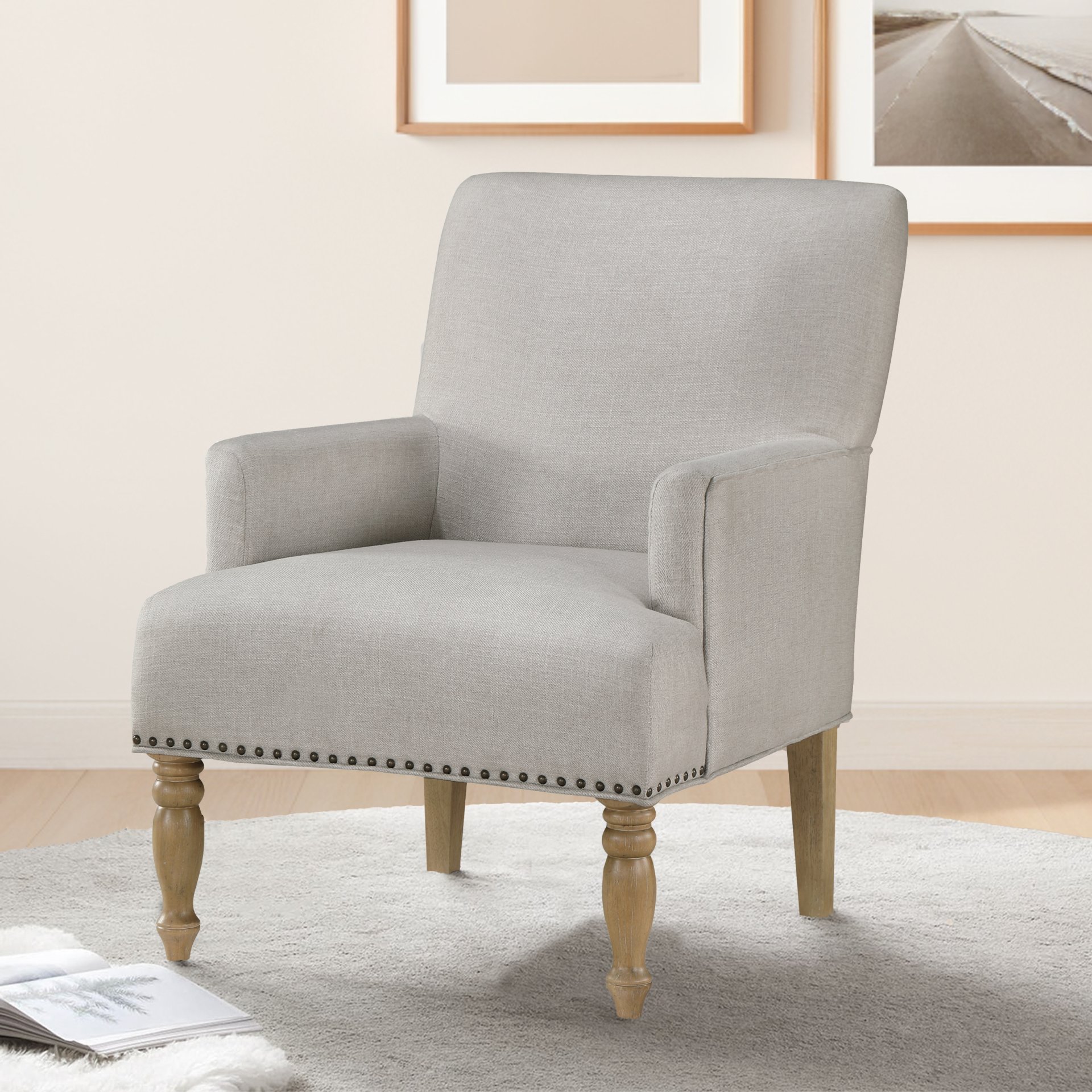Alice - Upholstered Arm Chair With Pecan Legs And Antique Brass Nailheads - Beige - Image 2