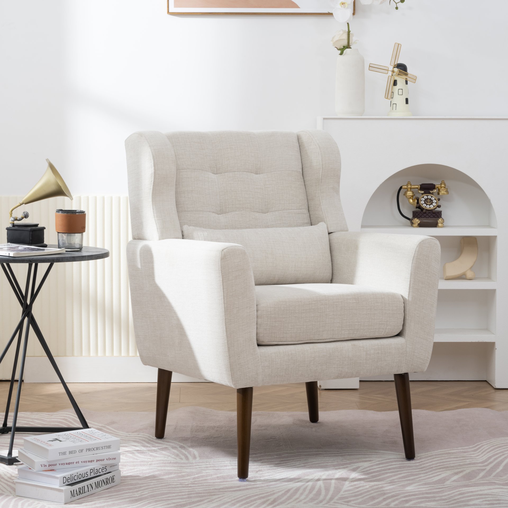 Modern Accent Chair Upholstered Foam Filled Living Room Chairs Comfy Reading Chair Mid-Century Modern Chair With Chenille Fabric Lounge Arm Chairs Armchair For Living Room Bedroom - Beige - Image 2