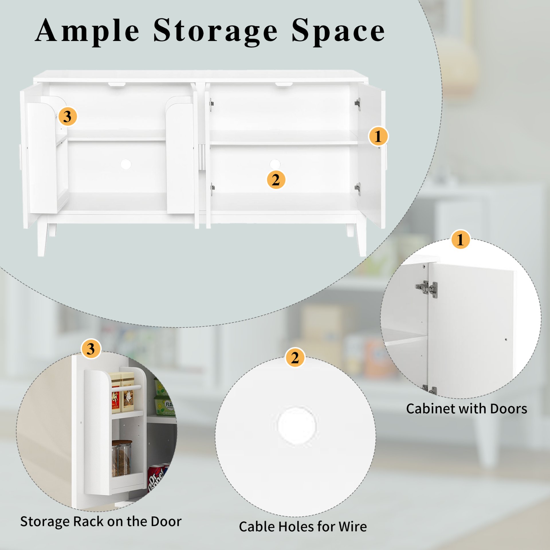 4 Door Sideboard Storage Cabinet With Door Shelf For Living Room And Dining Room, 2 Large Cabinets With Adjustable Shelf - White - Image 5
