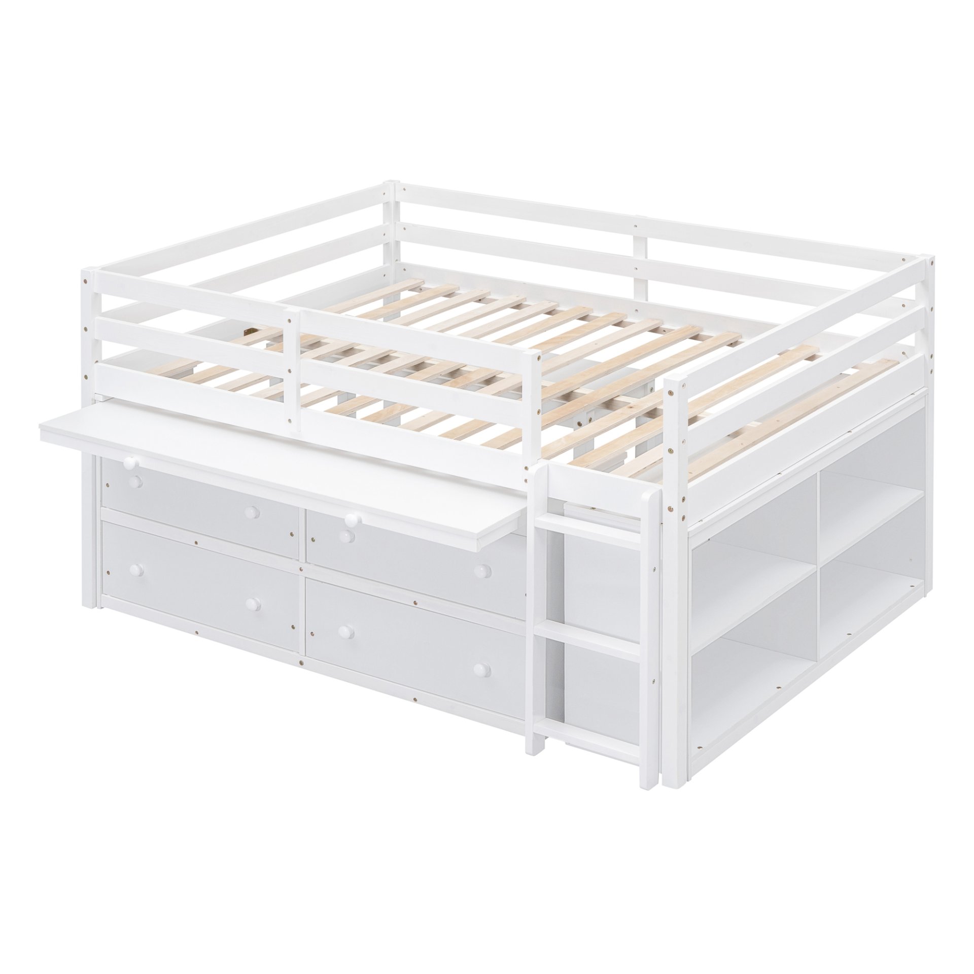 Full Size Loft Bed With Retractable Writing Desk And 4 Drawers, With Lateral Portable Desk And Shelves - White - Image 8