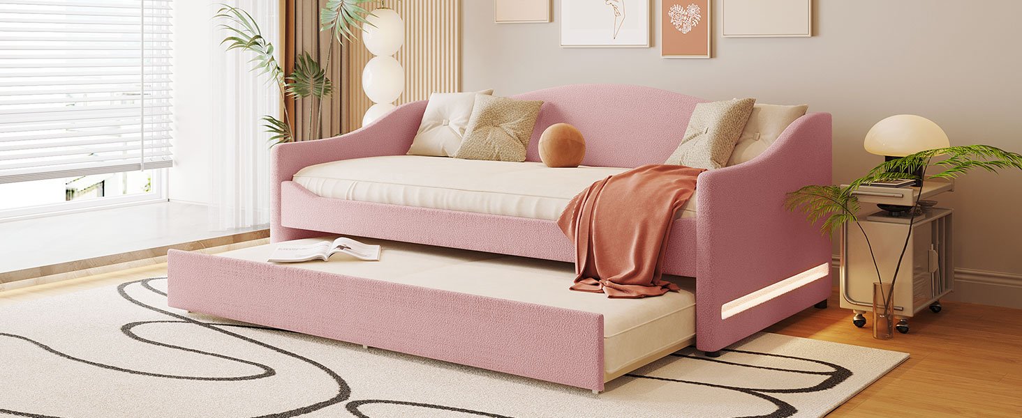 Twin Size Upholstered Daybed With Light And Trundle - Pink - Image 14