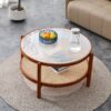 Modern Minimalist Circular Double Layer Solid Wood Coffee Table With Glass Top, Rattan Layer - Walnut - Image 2