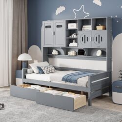 Twin Size Daybed With 2 Drawers And All In One Cabinet And Shelf - Gray