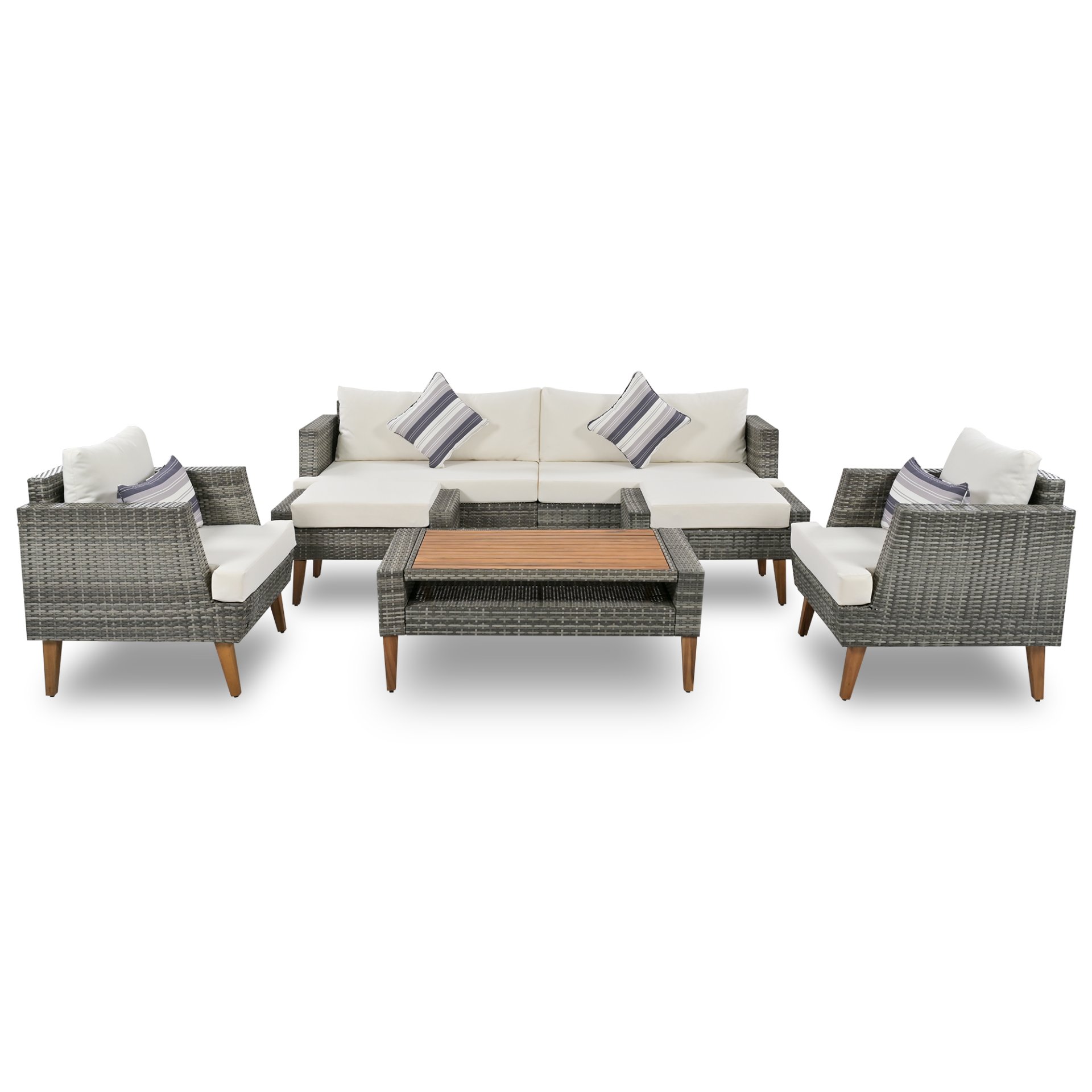 6 Pieces All Weather Sofa Set, Outdoor Rattan Sofa With Double Cushions, Wood Legs Wood Table Top - Beige / Gray - Image 8