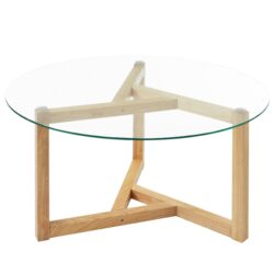 Round Glass Coffee Table Modern Cocktail Table With Tempered Glass Top & Sturdy Wood Base - Natural