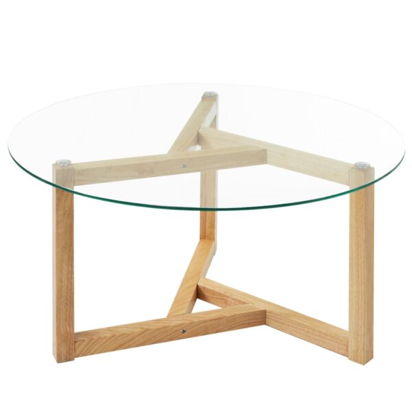 Round Glass Coffee Table Modern Cocktail Table With Tempered Glass Top & Sturdy Wood Base - Natural