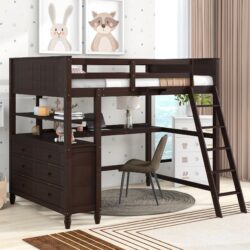 Full Size Loft Bed With Drawers And Desk With Shelves - Espresso