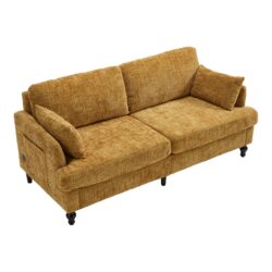 Modern Style Chenille 2 Seater Sofa With LED Light, USB Port & Storage Bag, Rubber Wood Legs - Mustard Yellow