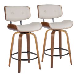 Lombardi - Mid-Century Modern Fixed Height Counter Stool With Swivel With Round Footrest (Set of 2) - Walnut / Cream