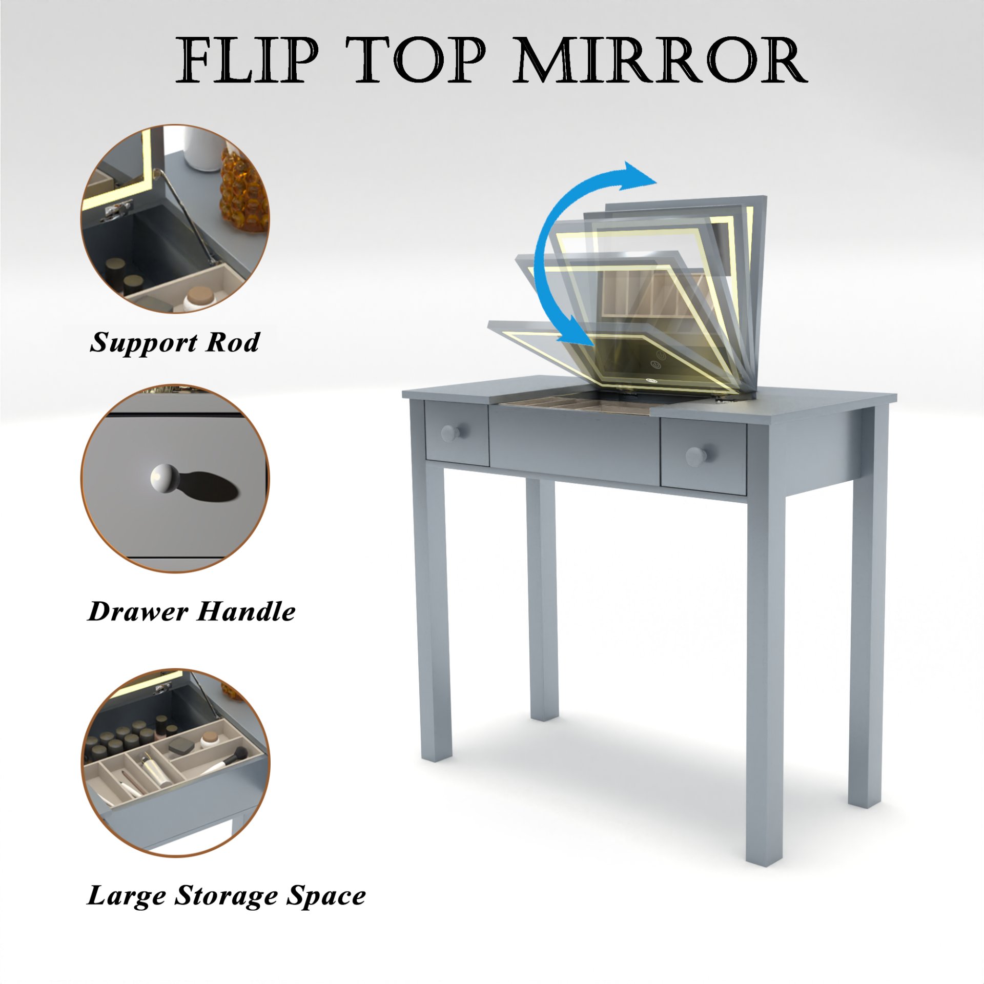 Vanity Table With LED Lights, Flip-Top Mirror And 2 Drawers, Jewelry Storage - Sleek Gray - Image 5