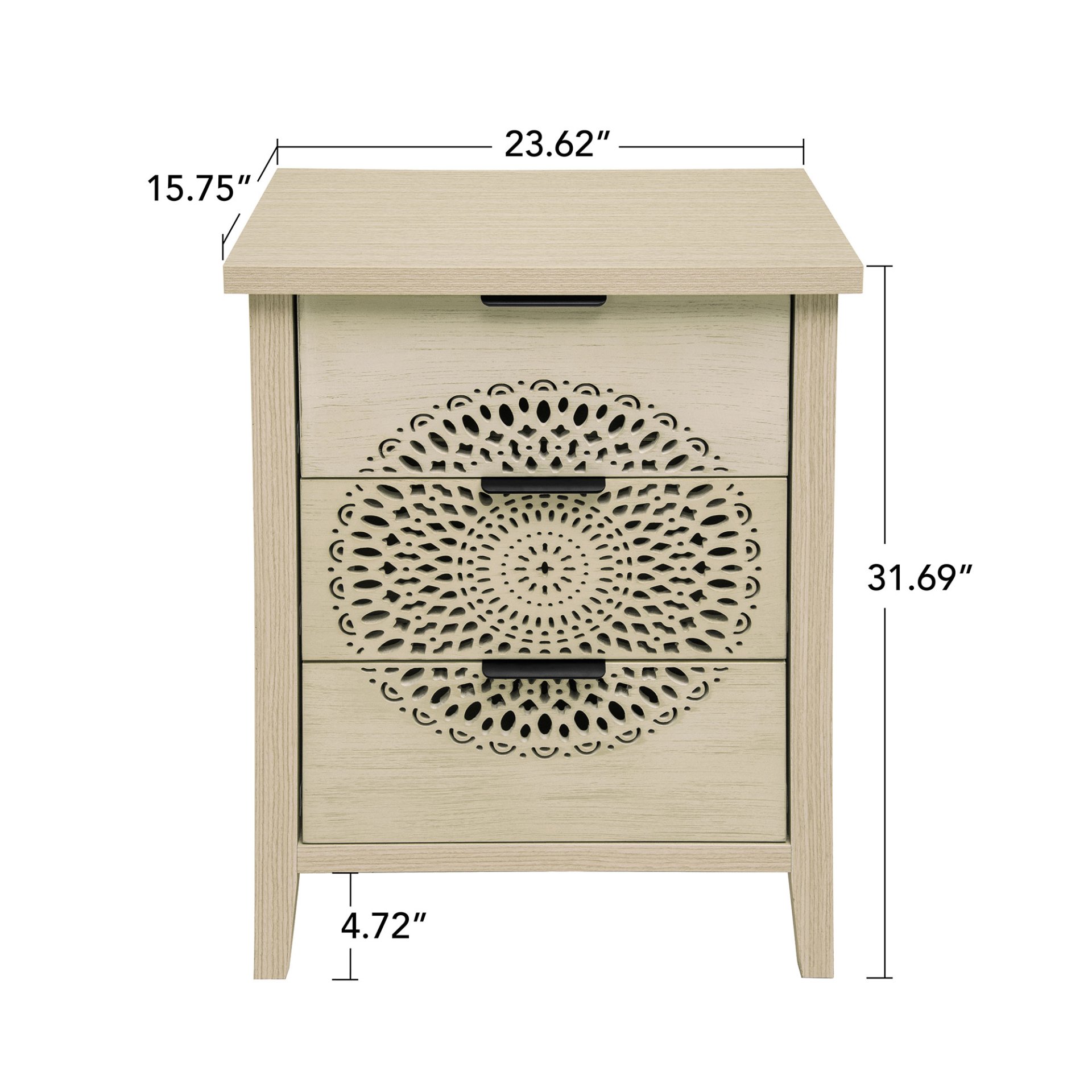 Hollow Carved 3 Drawer Cabinet Dresser Storage Chest With Metal Handles For Living Room Bedroom - Natural - Image 3