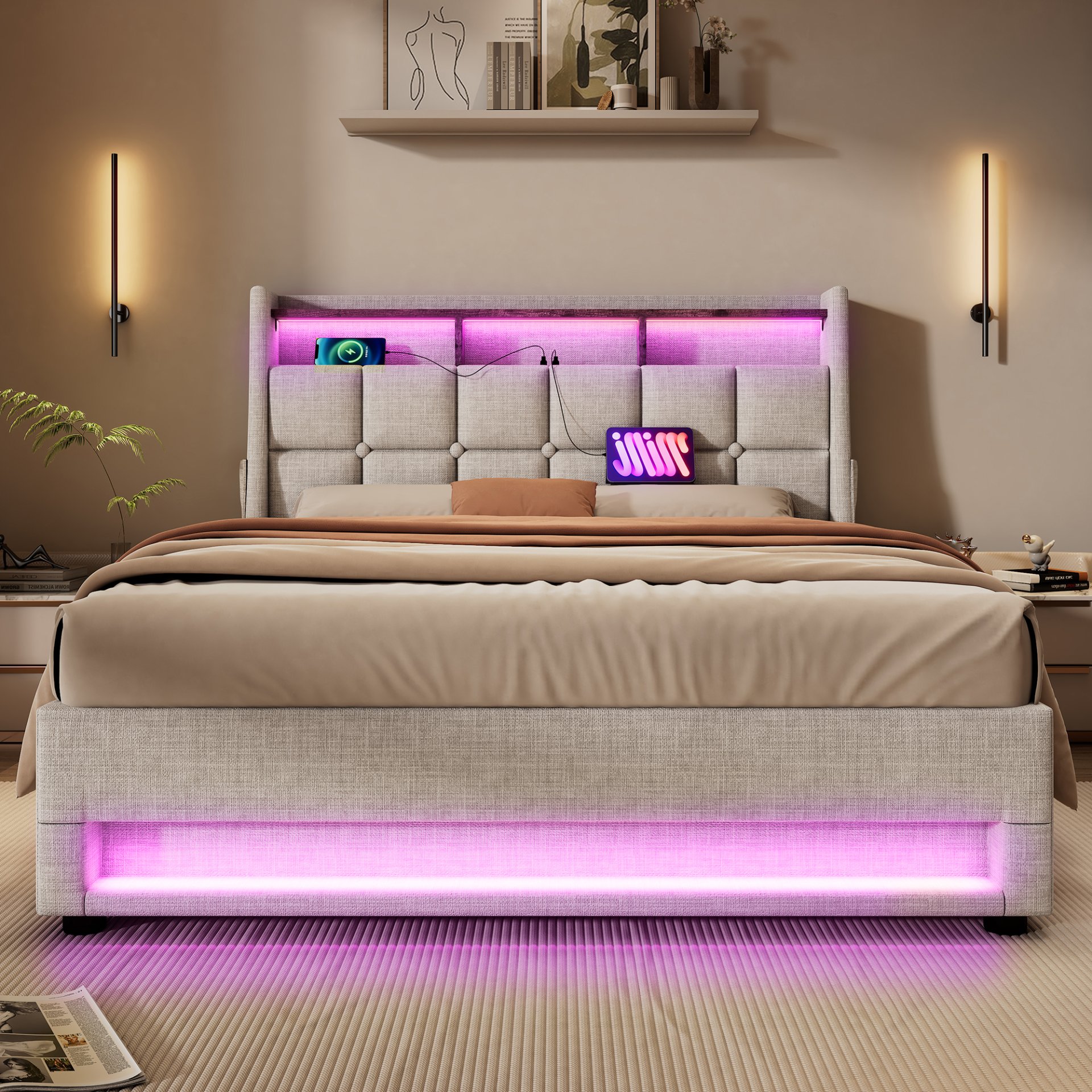 Full Size Upholstered Platform Bed With A Hydraulic Storage System, LED And USB Charging (Without Mattress) - Natural - Image 26