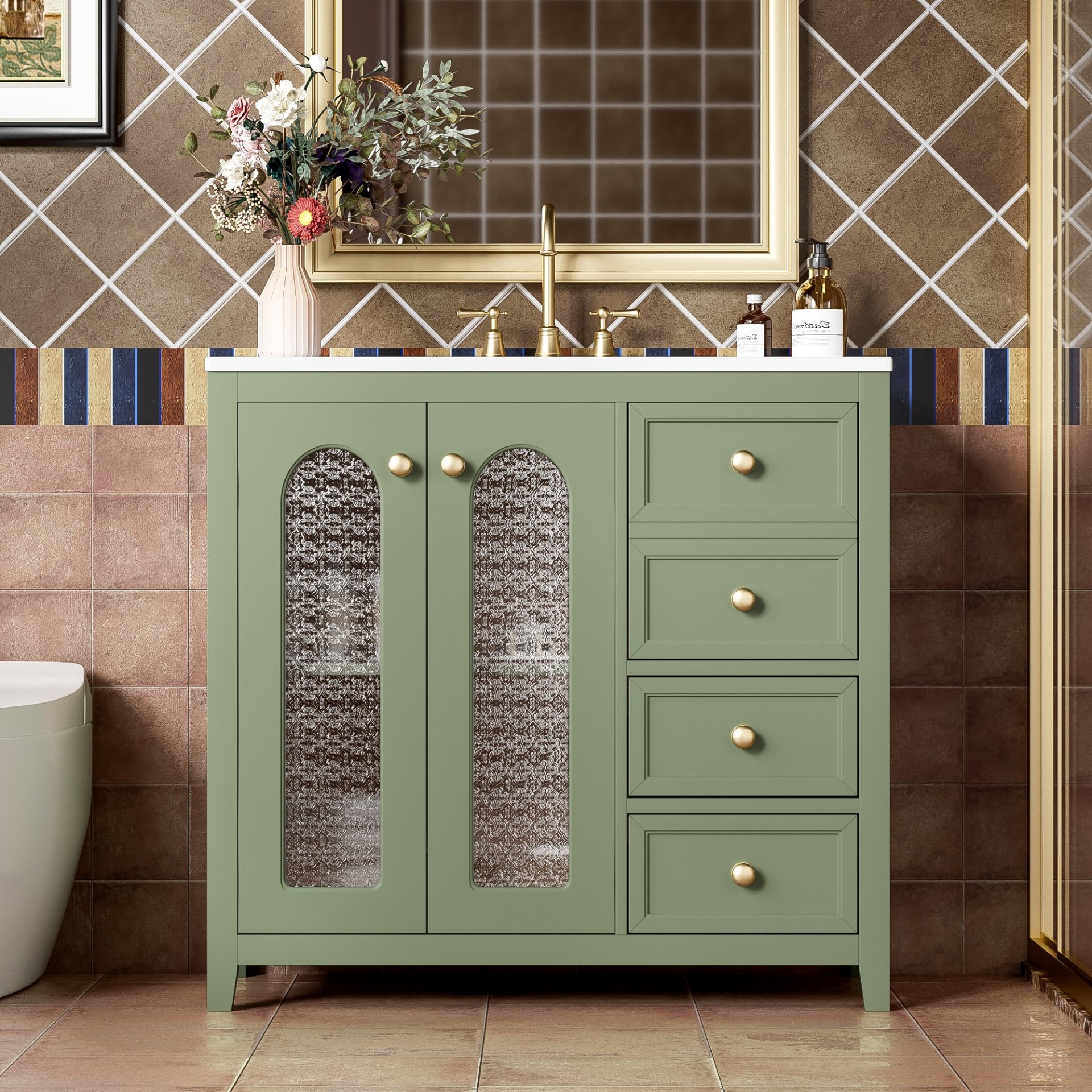 Bathroom Vanity With Two Soft Close Doors, Adjustable Shelves And Three Drawers - Green - Image 4