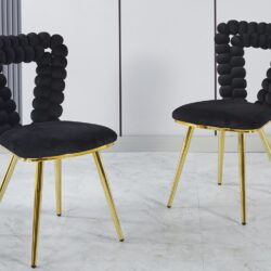 Modern Chair With Golden Iron Tube Legs - Black Soft Cushions And Comfortable Backrest, Suitable For Dining Room, Living Room, Cafe, Hairball Back (Set of 2) - Black