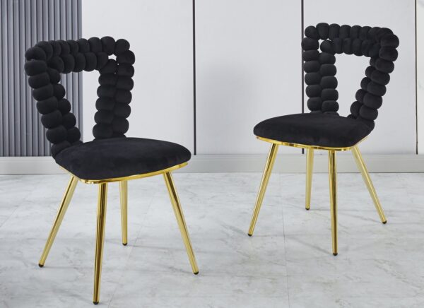 Modern Chair With Golden Iron Tube Legs - Black Soft Cushions And Comfortable Backrest, Suitable For Dining Room, Living Room, Cafe, Hairball Back (Set of 2) - Black