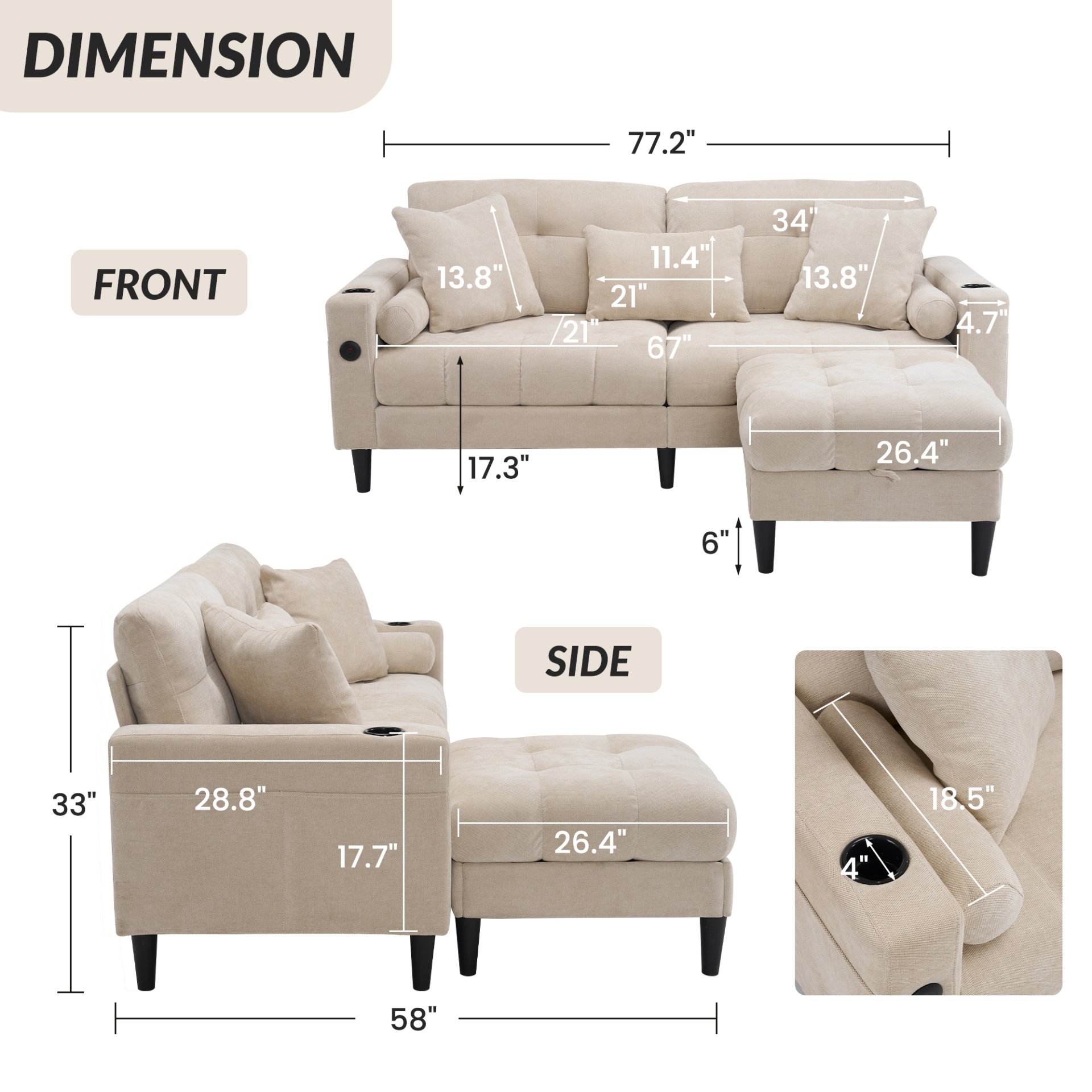 3 Seat L-Shaped Chenille Sofa With Removable And Storage Ottoman, Side Storage, And USB / C - Type Charging Ports Sofa For Living Room, Bedroom, Apartment - Beige - Image 3