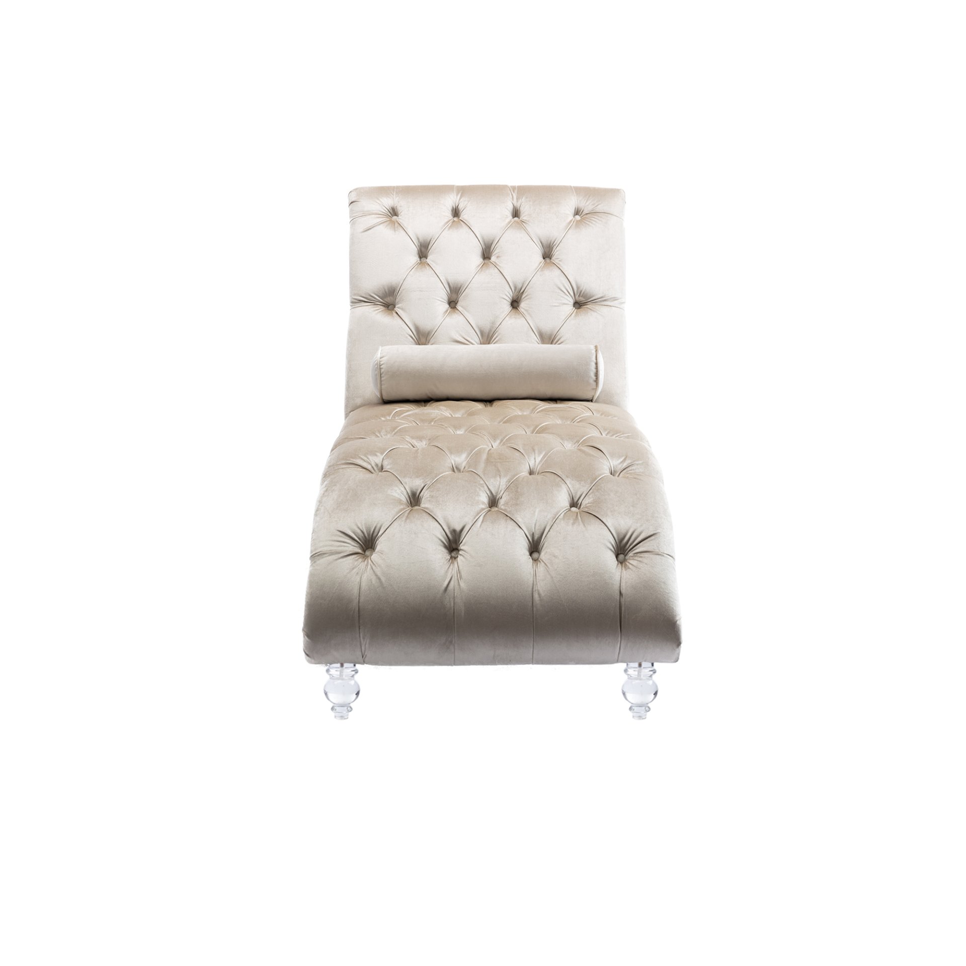 Velvet Chaise Lounge Indoor, Button Tufted Upholstered Chair With Pillow - Beige - Image 9