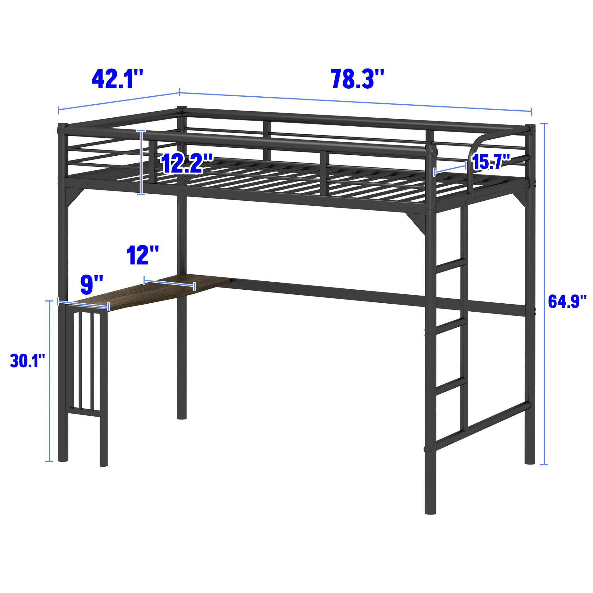 Twin Metal Loft Bed With Desk, Ladder And Guardrails, Bookdesk Under Bed - Black - Image 3