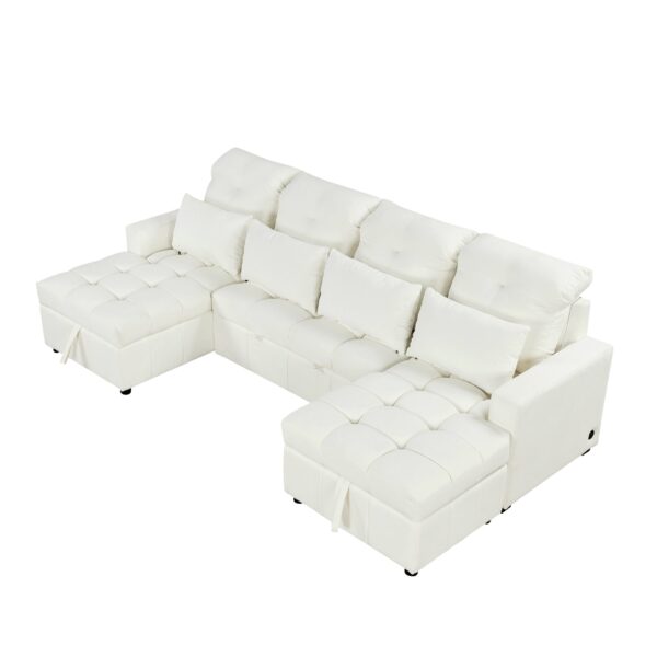 Oversized U - Shaped Sofa Versatile Sectional Sofa Pull Out Sofa Bed With Double Storage Chaise Lounges And 2 USB Ports For Living Room - Beige