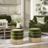 Edward - Round Upholstered Ottoman With Bullion Fringe - Olive Green - Image 8