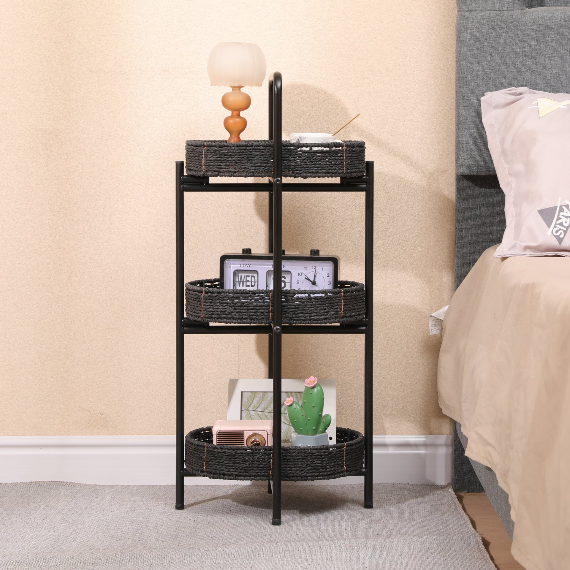 Modern 3 Tier Handwoven Side Table With Oval Organizer In Metal And Paper Rope - Black - Image 5