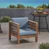 Outdoor Club Chair, Acacia Wood Patio Chair With Fabric Cushion For Backyard, Poolside, Garden Or Porch - Pecan / Blue - Image 2