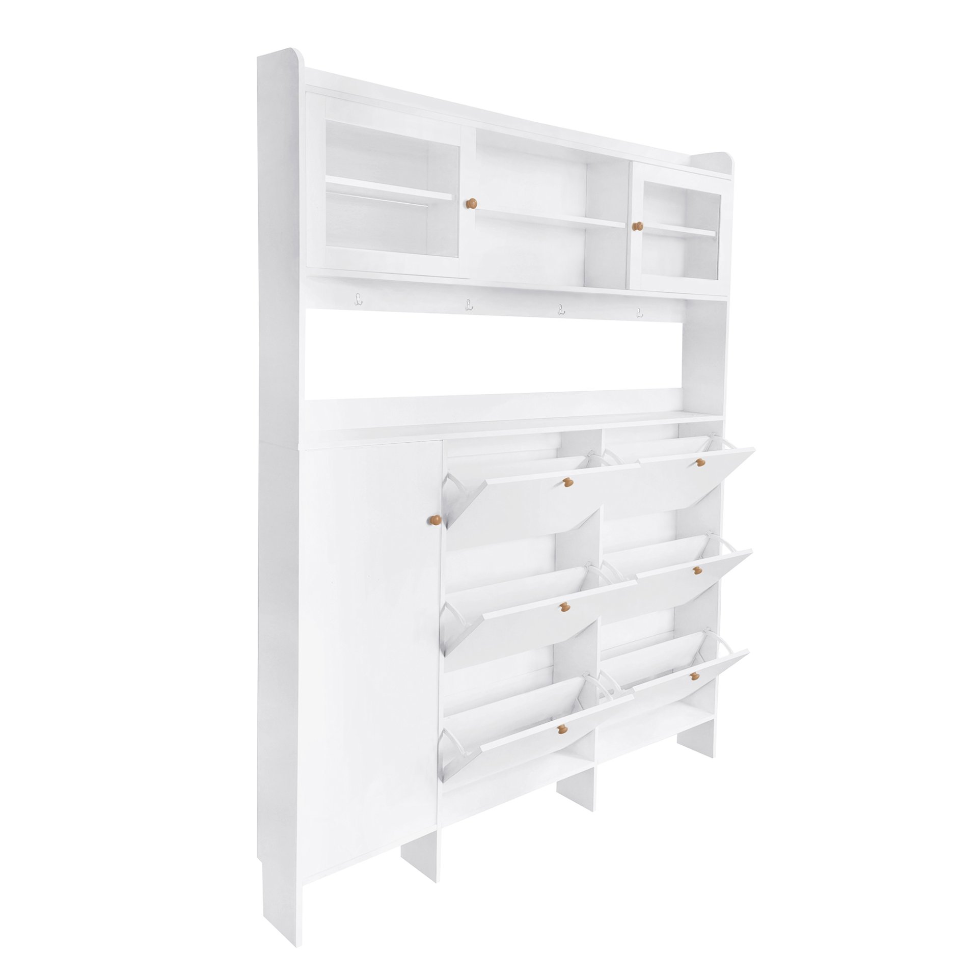 Multifunctional Tipping Bucket Shoe Cabinet With Storage Shelf & 6 Flip Drawers, Large Hall Tree With Tempered Glass Doors, Foyer Cabinet With 4 Hooks For Hallway - White - Image 14