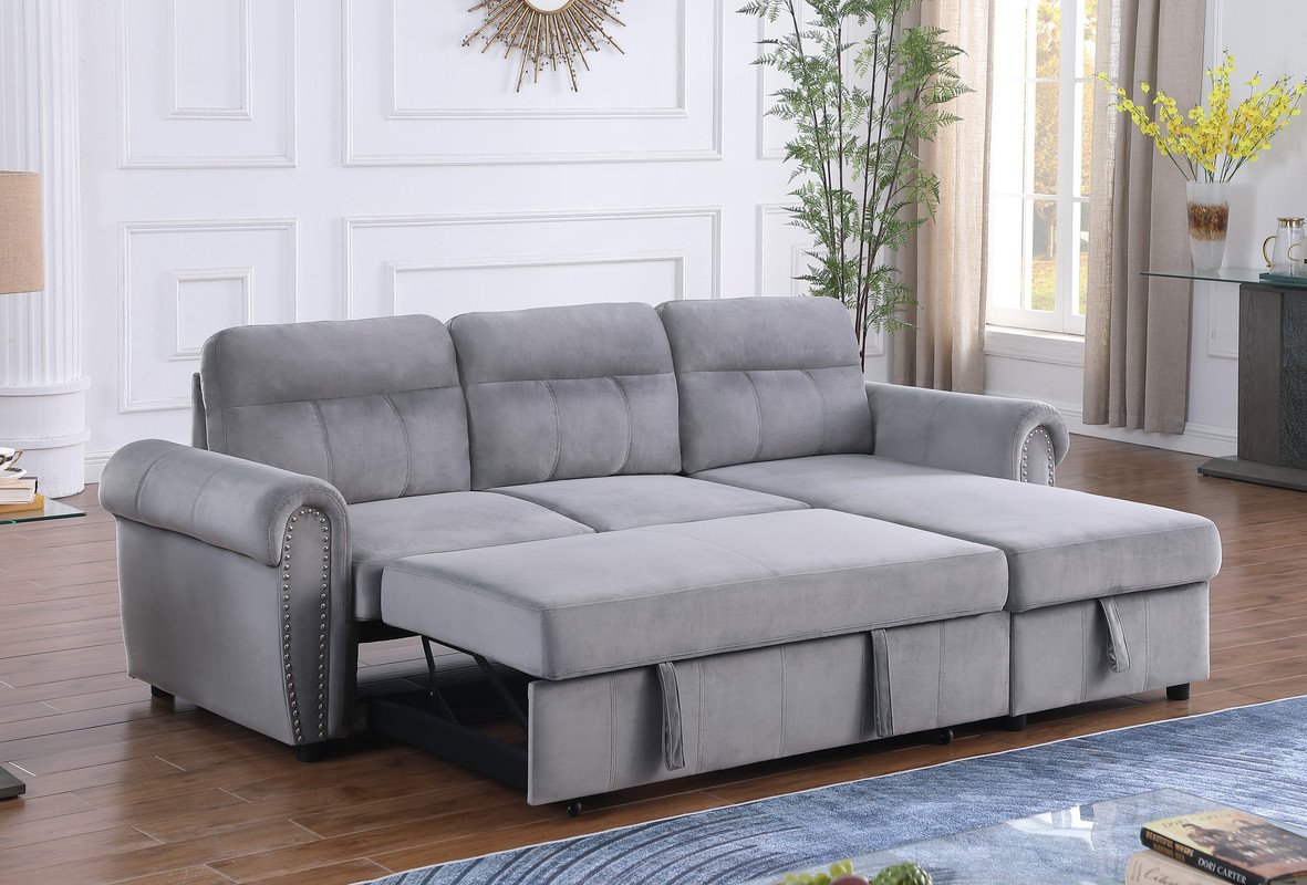 Ashton - Velvet Fabric Reversible Sleeper Sectional Sofa Chaise - Gray - Image 8