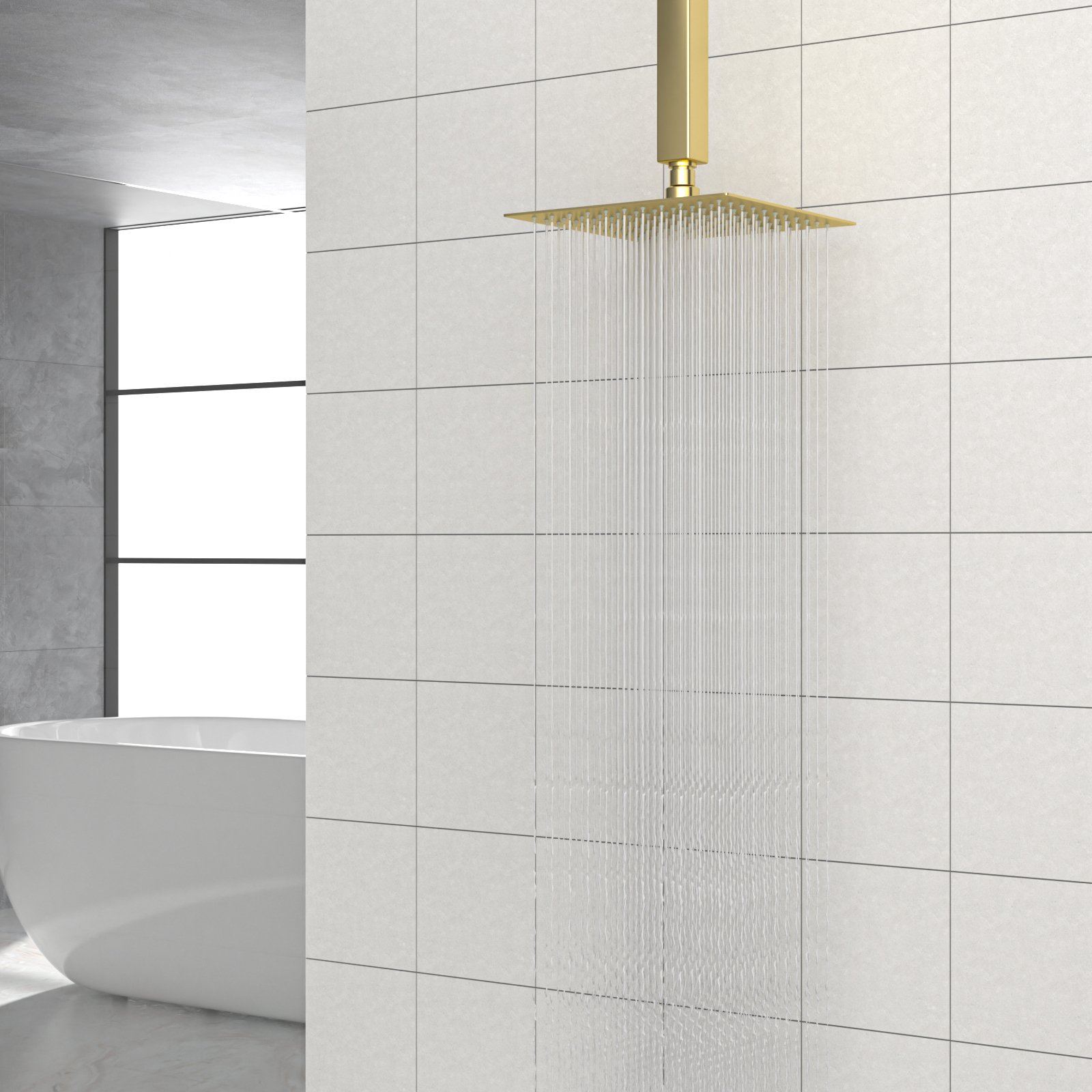 8" Stainless Steel Square Rainfall Shower Head Wall & Ceiling Mount With Self Cleaning Nozzles & Full Body Coverage - Gold - Image 5