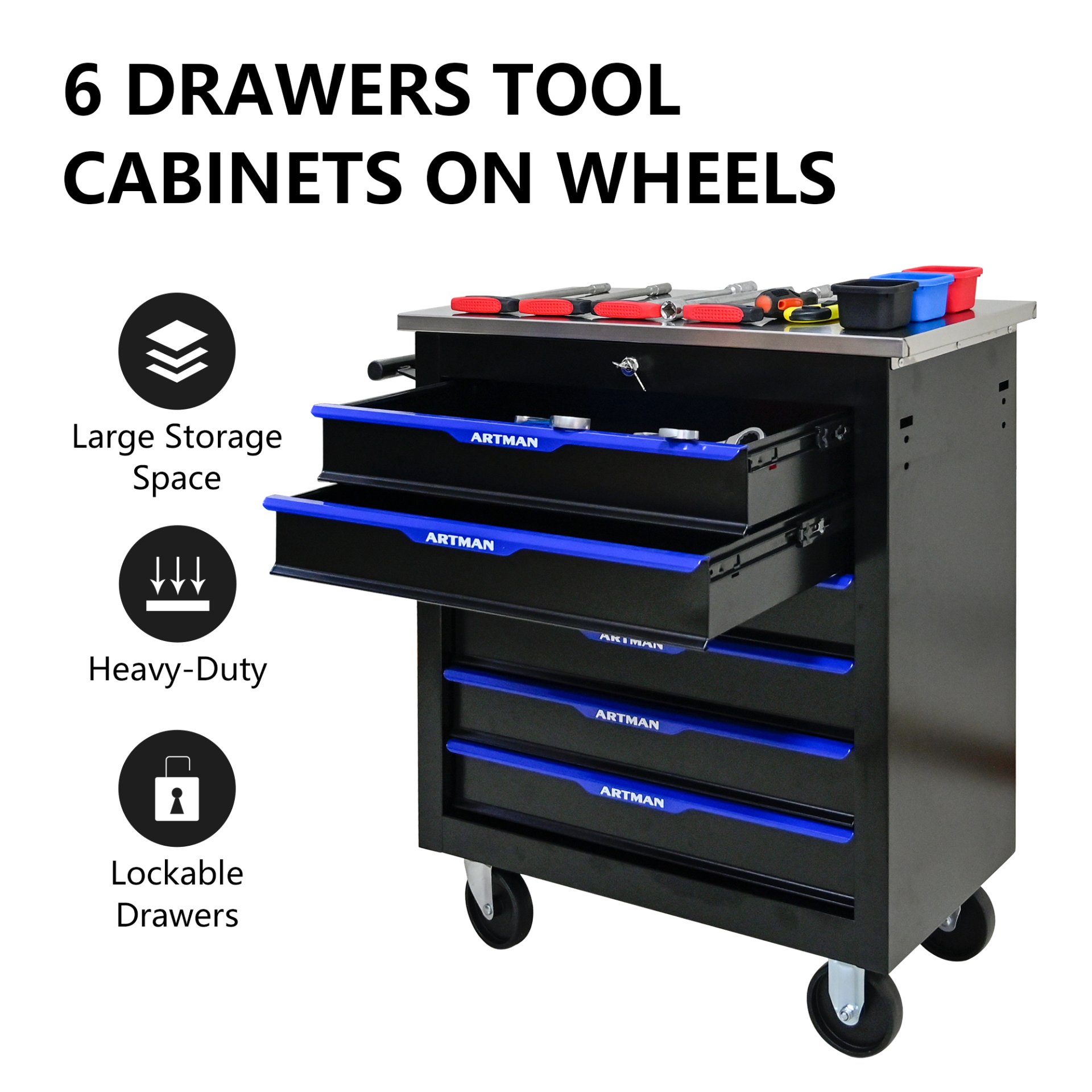 6 Drawer Multifunctional Tool Cart With Wheels - Black / Blue - Image 7