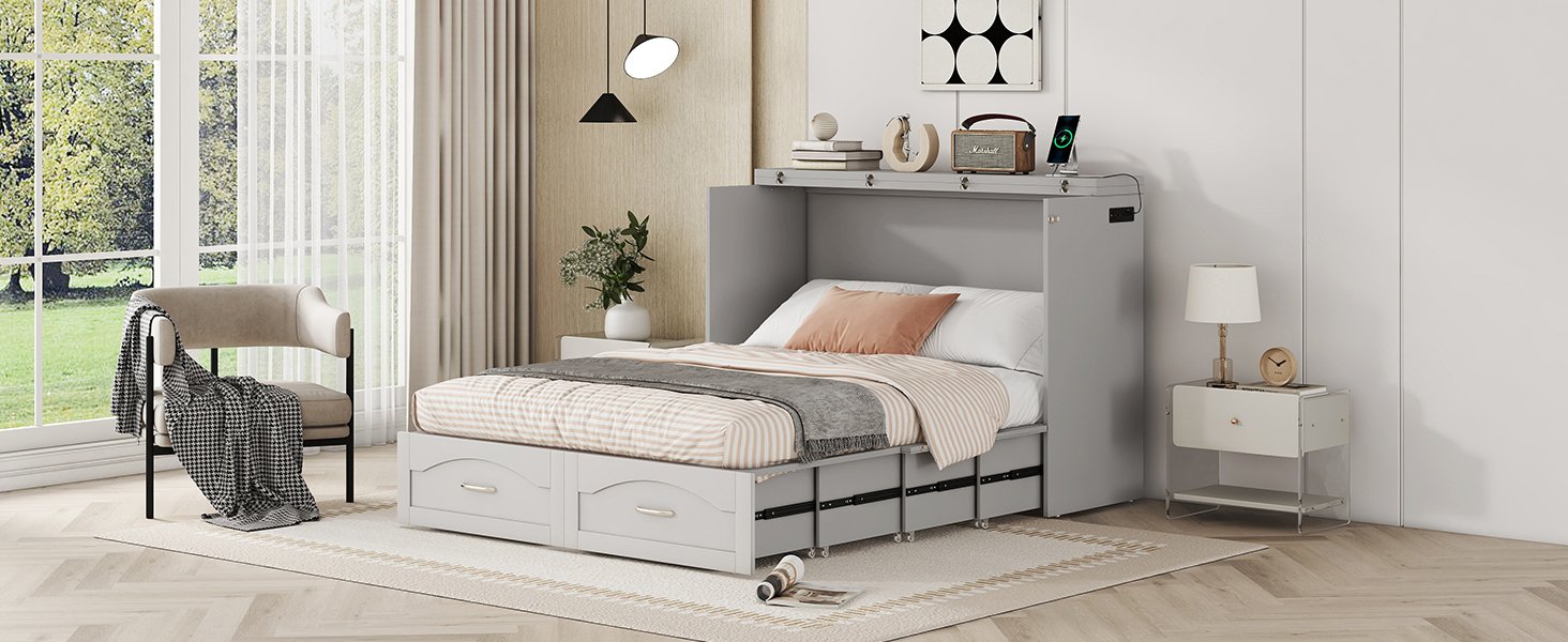 Full Size Murphy Wall Bed With Drawer And A Set Of Sockets & USB Ports, Pulley Structure Design - Gray - Image 15